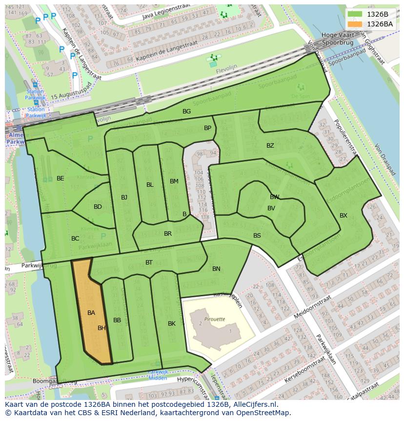 Afbeelding van het postcodegebied 1326 BA op de kaart.