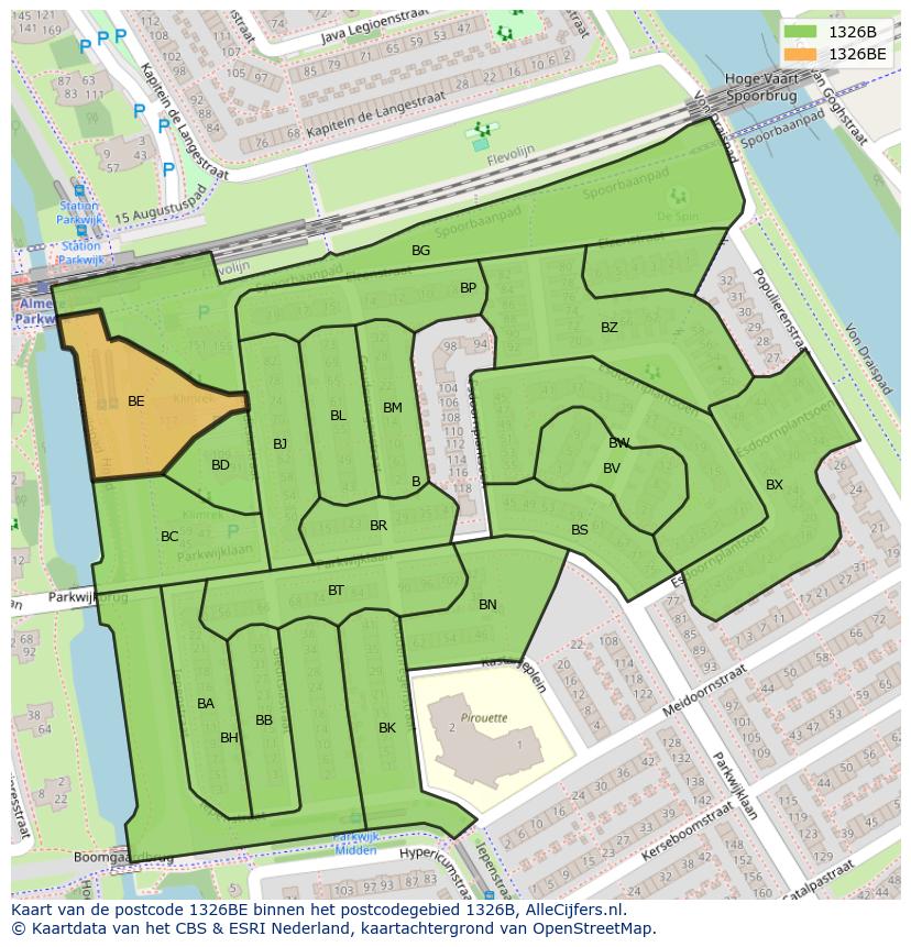 Afbeelding van het postcodegebied 1326 BE op de kaart.