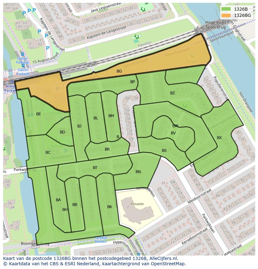 Afbeelding van het postcodegebied 1326 BG op de kaart.