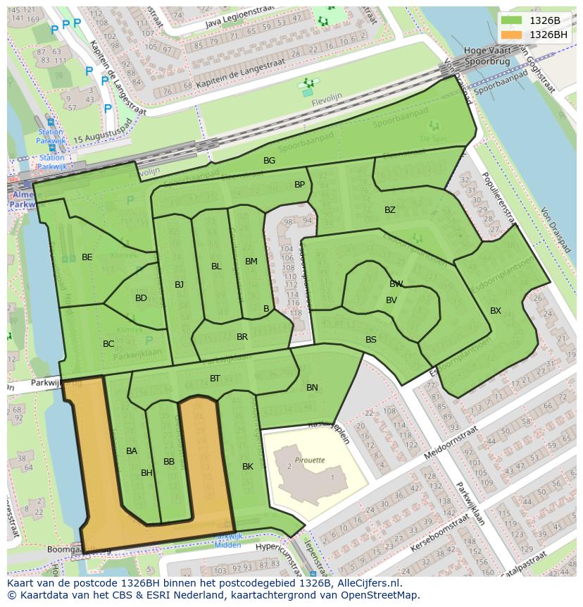 Afbeelding van het postcodegebied 1326 BH op de kaart.