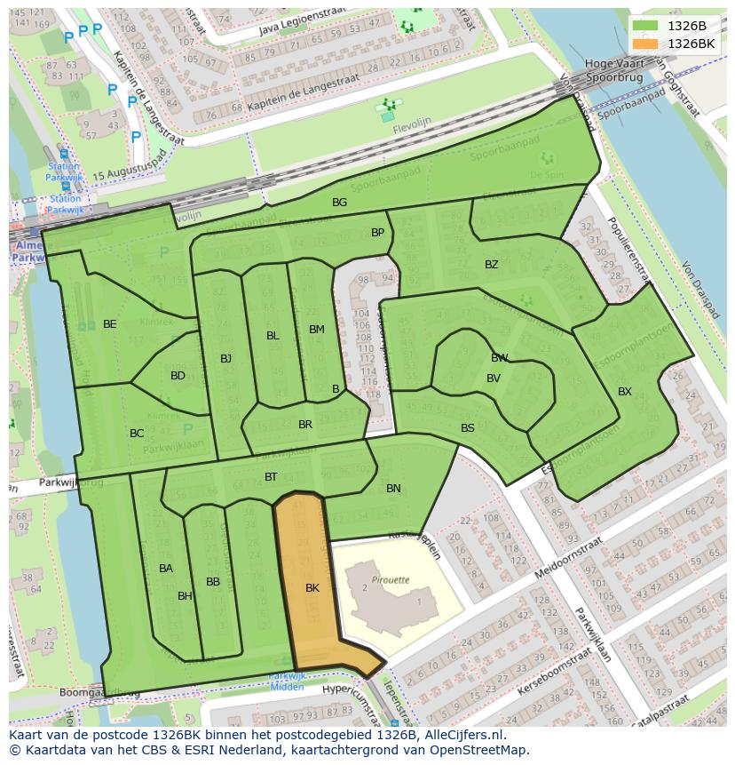Afbeelding van het postcodegebied 1326 BK op de kaart.