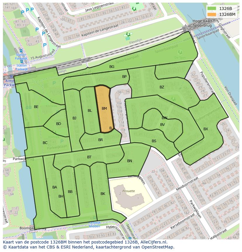 Afbeelding van het postcodegebied 1326 BM op de kaart.
