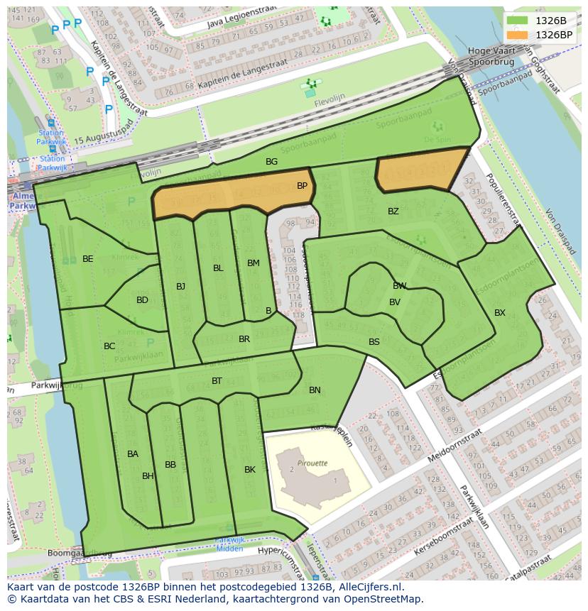 Afbeelding van het postcodegebied 1326 BP op de kaart.