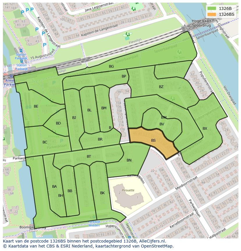 Afbeelding van het postcodegebied 1326 BS op de kaart.