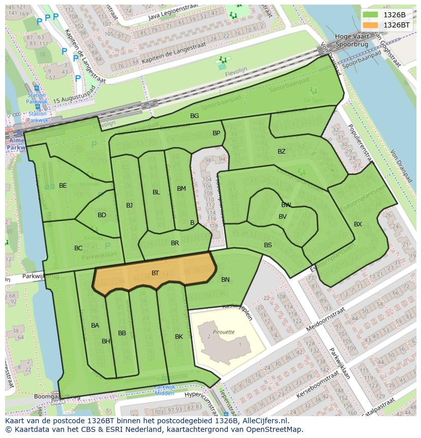 Afbeelding van het postcodegebied 1326 BT op de kaart.