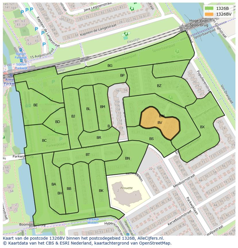 Afbeelding van het postcodegebied 1326 BV op de kaart.