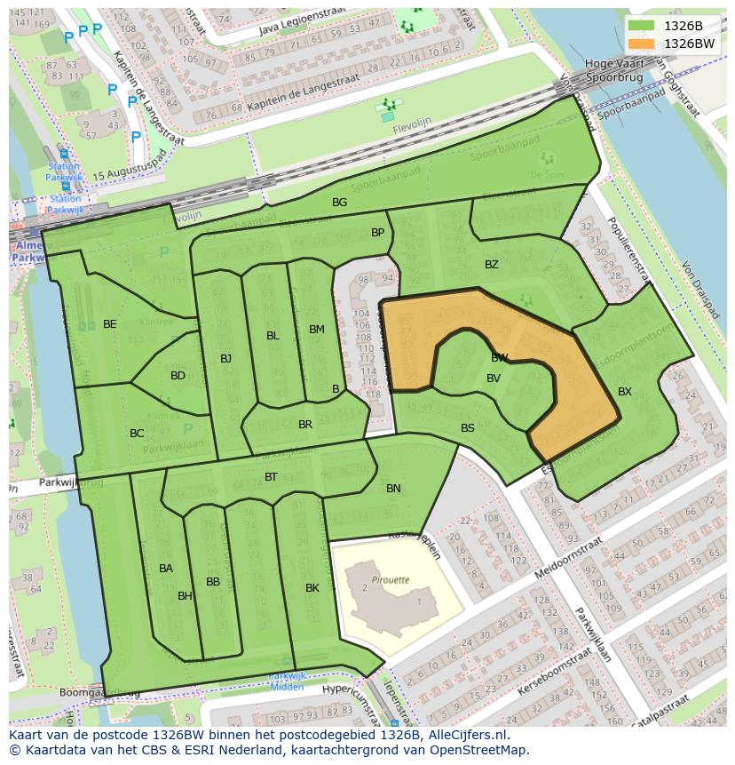 Afbeelding van het postcodegebied 1326 BW op de kaart.