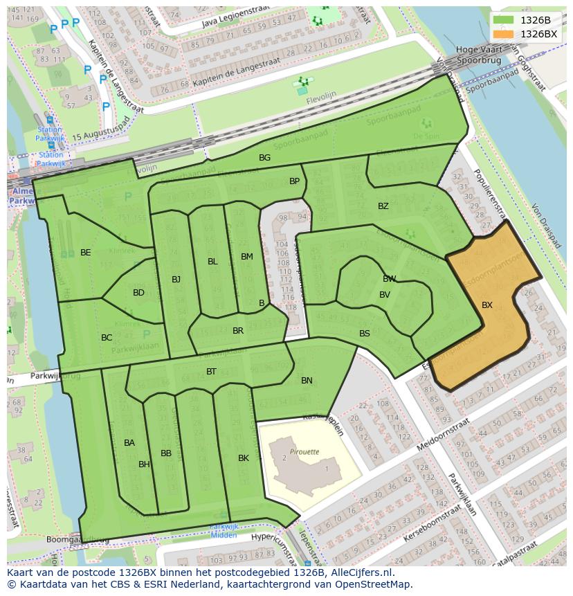 Afbeelding van het postcodegebied 1326 BX op de kaart.
