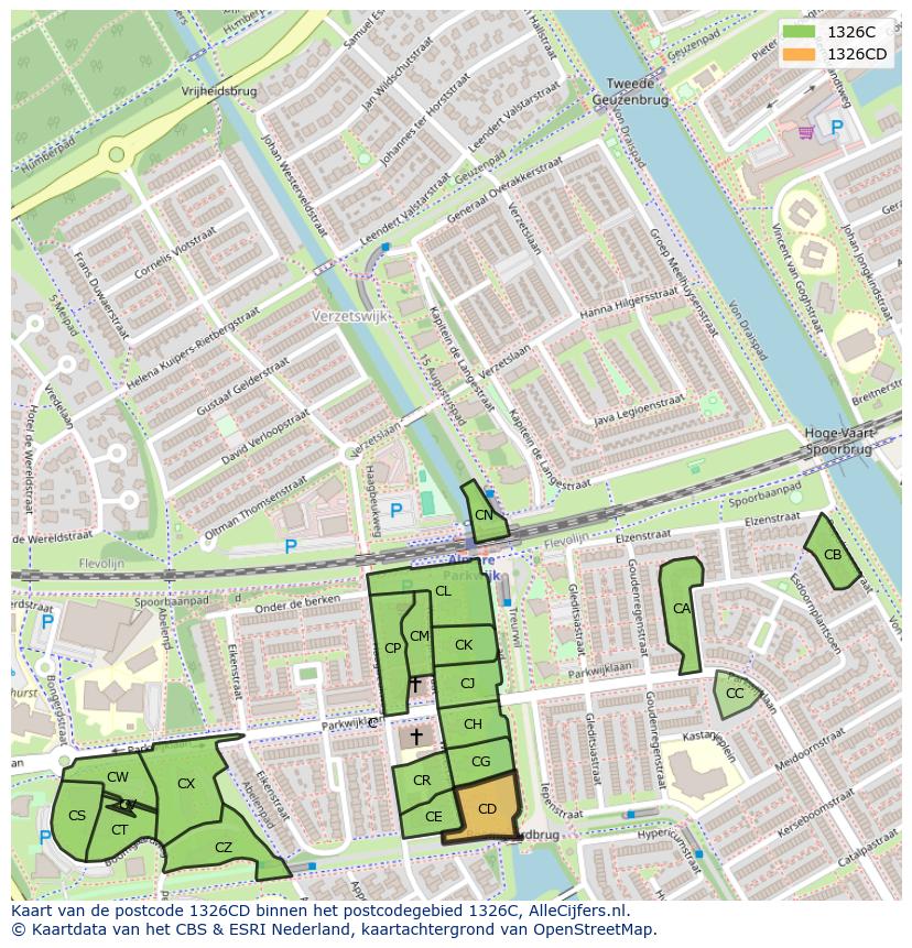 Afbeelding van het postcodegebied 1326 CD op de kaart.
