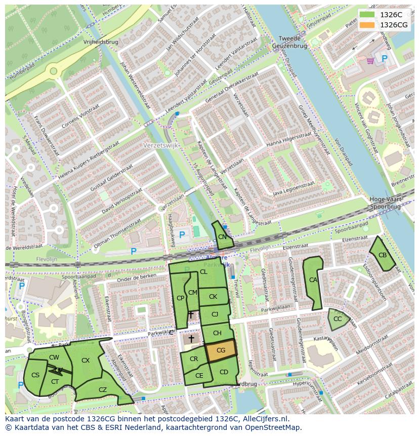 Afbeelding van het postcodegebied 1326 CG op de kaart.