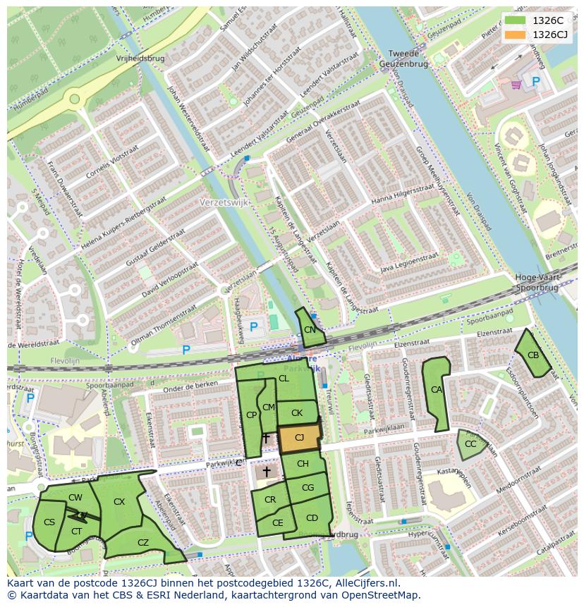 Afbeelding van het postcodegebied 1326 CJ op de kaart.