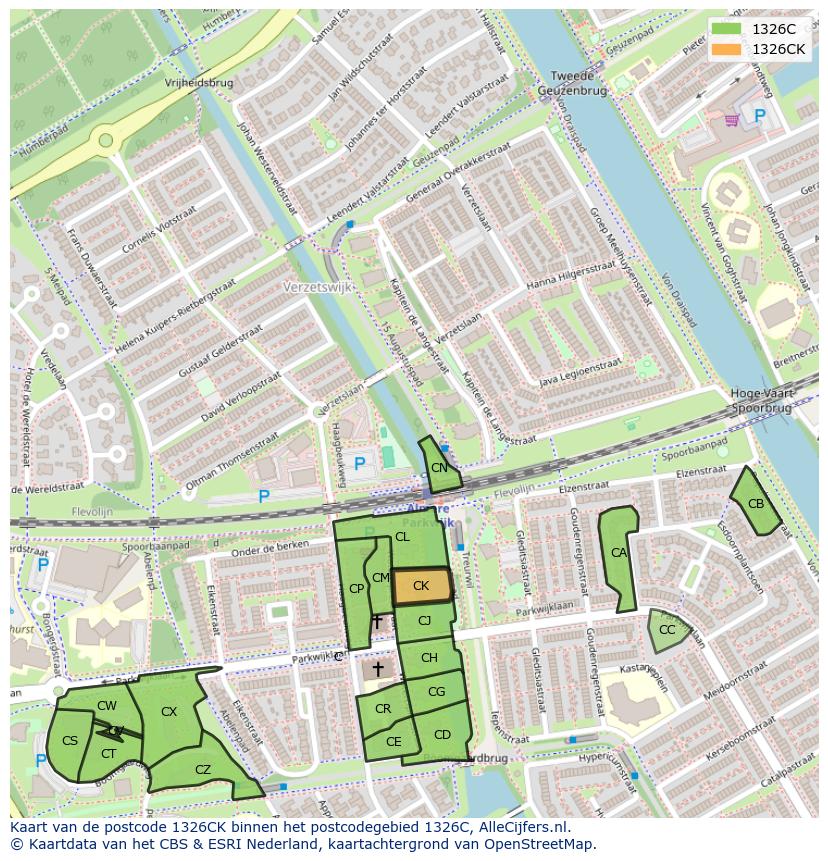 Afbeelding van het postcodegebied 1326 CK op de kaart.