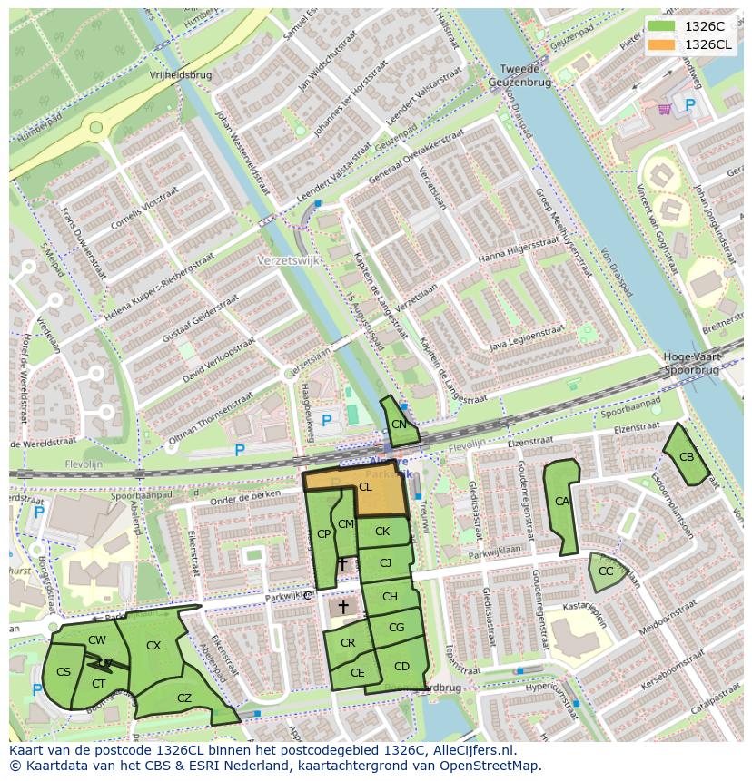 Afbeelding van het postcodegebied 1326 CL op de kaart.