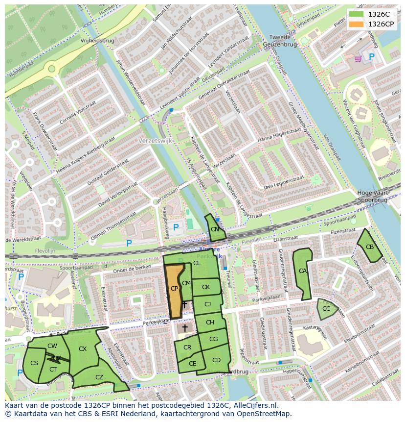 Afbeelding van het postcodegebied 1326 CP op de kaart.