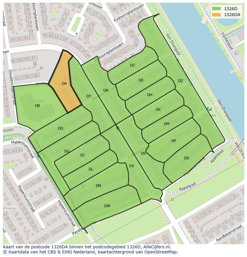 Afbeelding van het postcodegebied 1326 DA op de kaart.