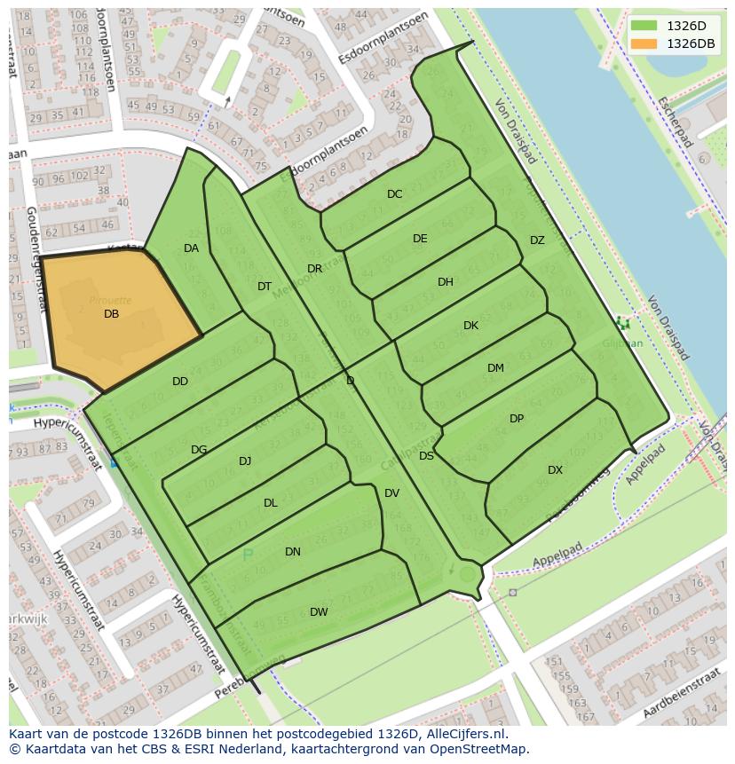 Afbeelding van het postcodegebied 1326 DB op de kaart.