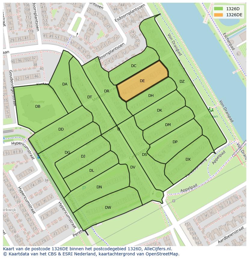 Afbeelding van het postcodegebied 1326 DE op de kaart.