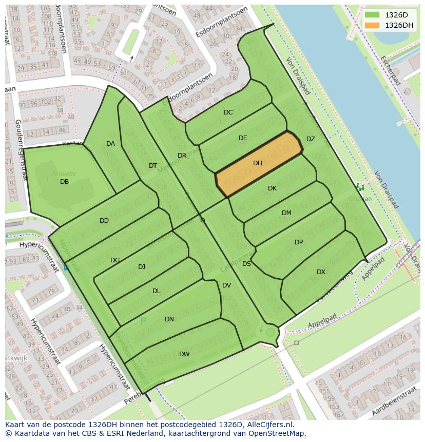 Afbeelding van het postcodegebied 1326 DH op de kaart.