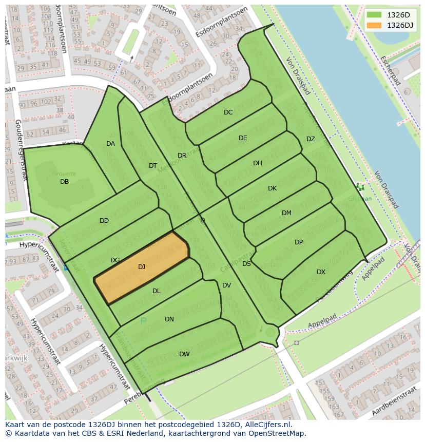 Afbeelding van het postcodegebied 1326 DJ op de kaart.