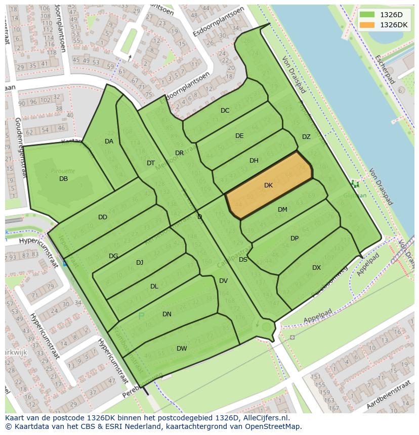 Afbeelding van het postcodegebied 1326 DK op de kaart.