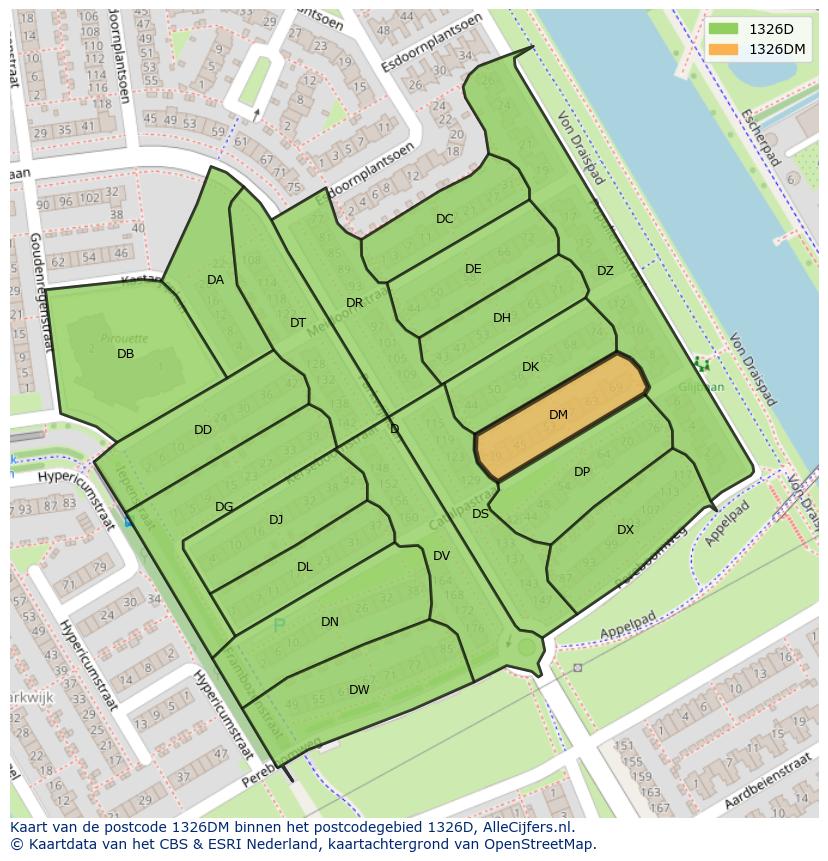 Afbeelding van het postcodegebied 1326 DM op de kaart.