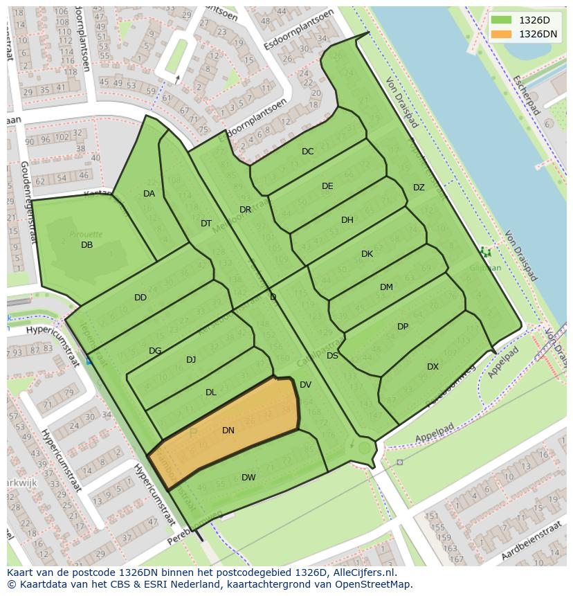 Afbeelding van het postcodegebied 1326 DN op de kaart.