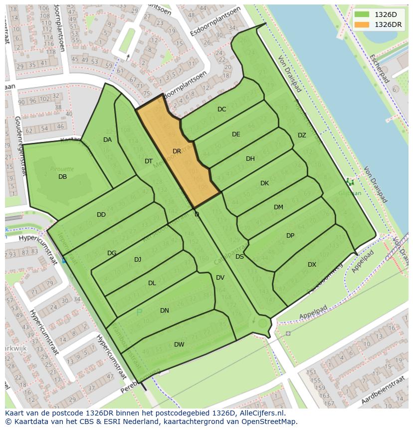 Afbeelding van het postcodegebied 1326 DR op de kaart.
