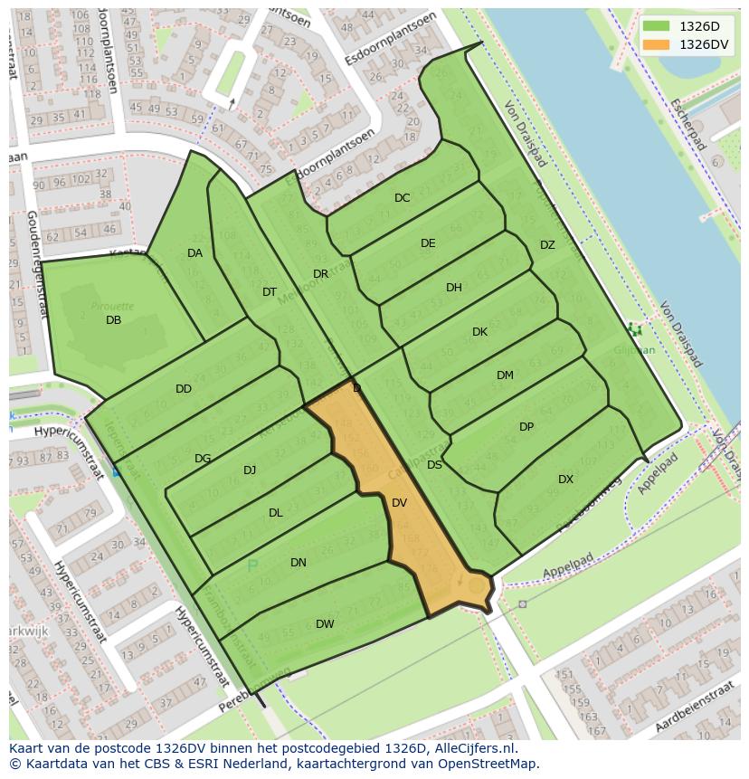 Afbeelding van het postcodegebied 1326 DV op de kaart.