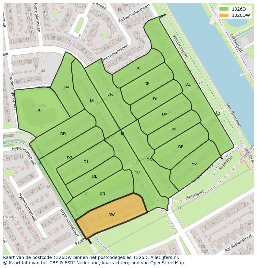 Afbeelding van het postcodegebied 1326 DW op de kaart.