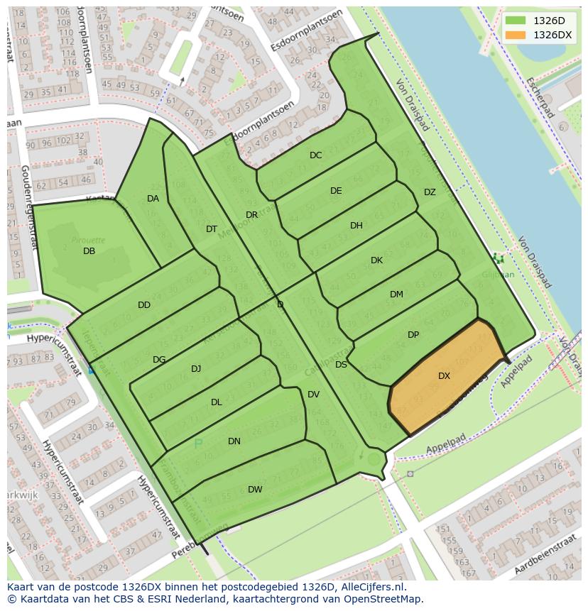 Afbeelding van het postcodegebied 1326 DX op de kaart.