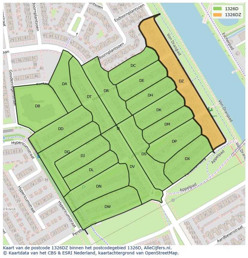 Afbeelding van het postcodegebied 1326 DZ op de kaart.