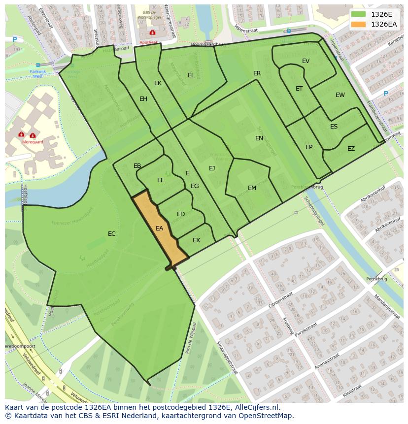 Afbeelding van het postcodegebied 1326 EA op de kaart.