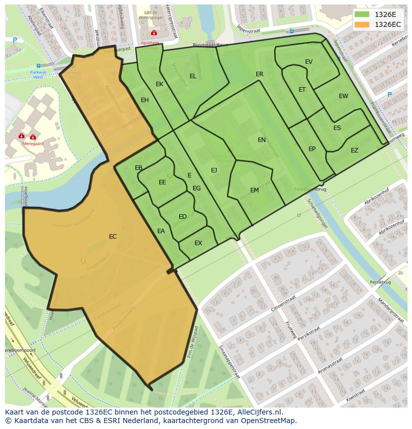 Afbeelding van het postcodegebied 1326 EC op de kaart.