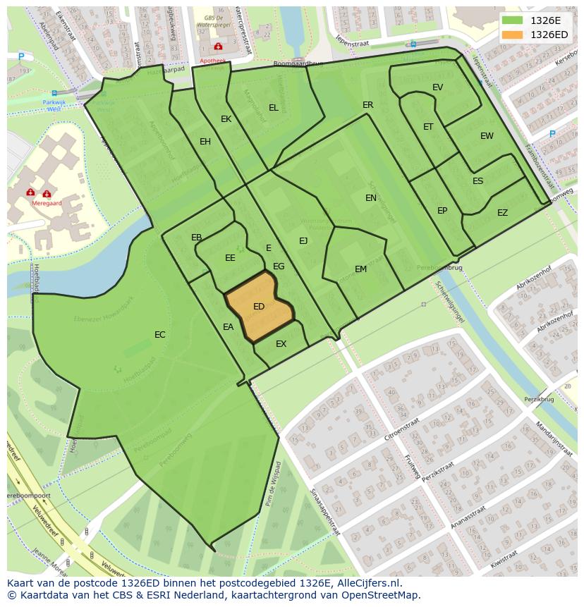 Afbeelding van het postcodegebied 1326 ED op de kaart.
