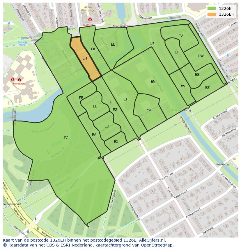 Afbeelding van het postcodegebied 1326 EH op de kaart.