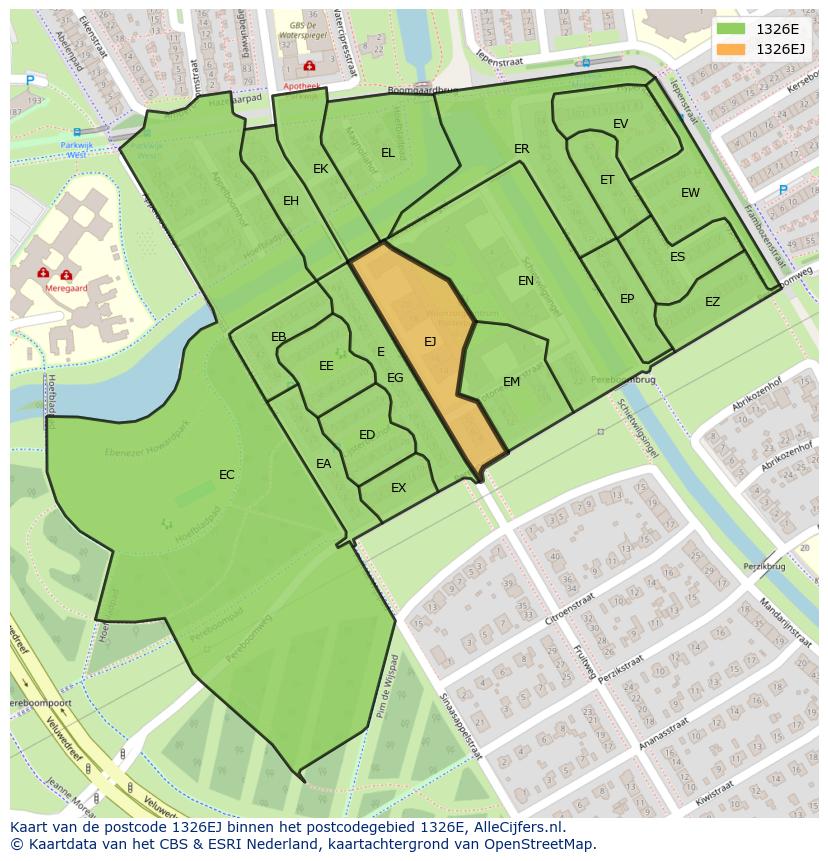 Afbeelding van het postcodegebied 1326 EJ op de kaart.