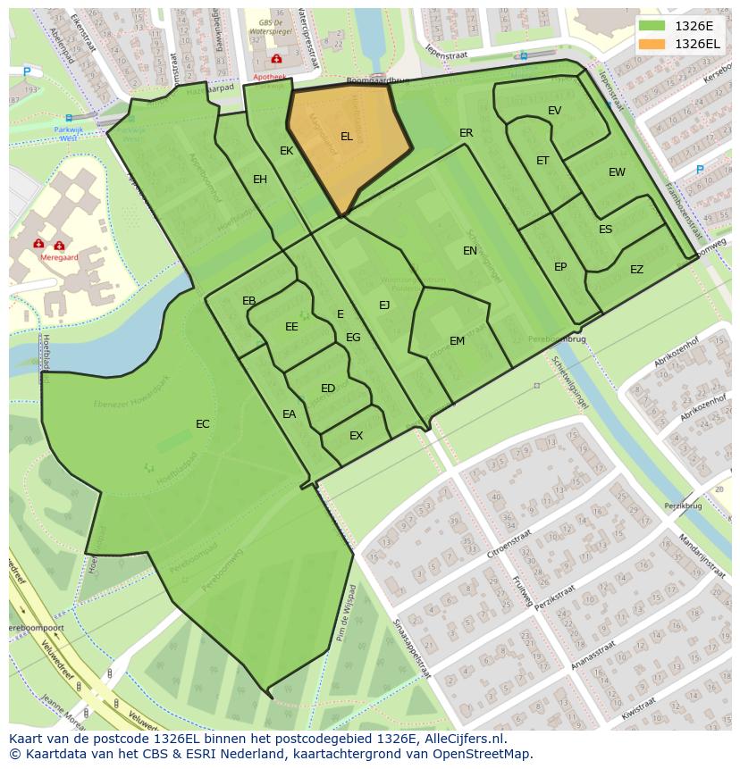Afbeelding van het postcodegebied 1326 EL op de kaart.