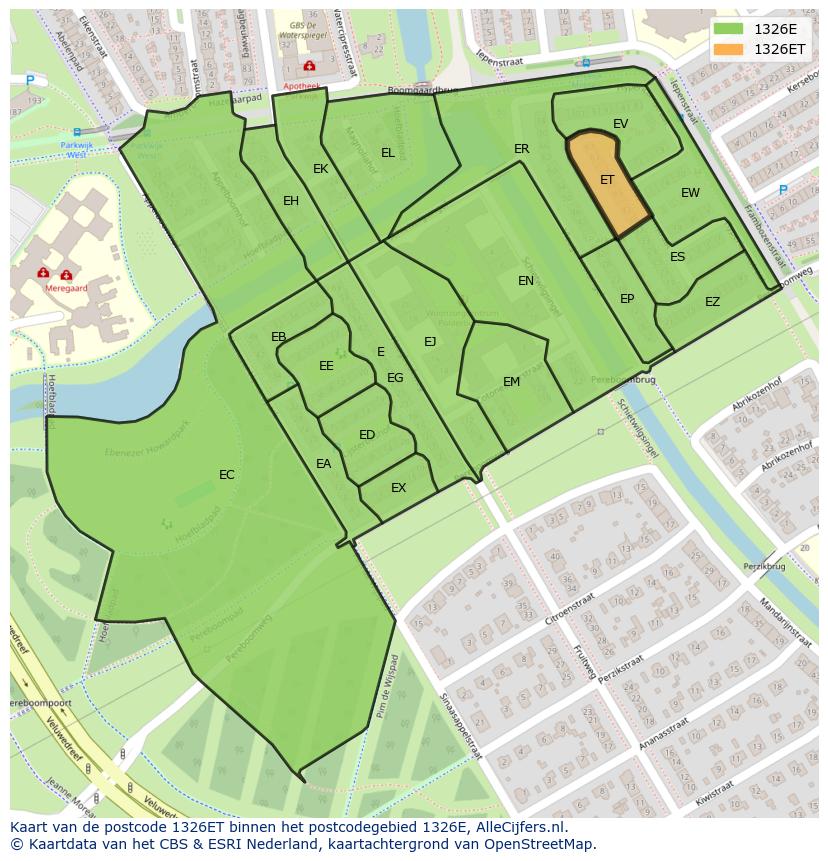 Afbeelding van het postcodegebied 1326 ET op de kaart.