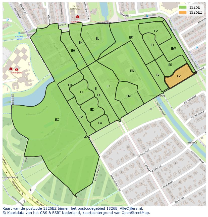 Afbeelding van het postcodegebied 1326 EZ op de kaart.