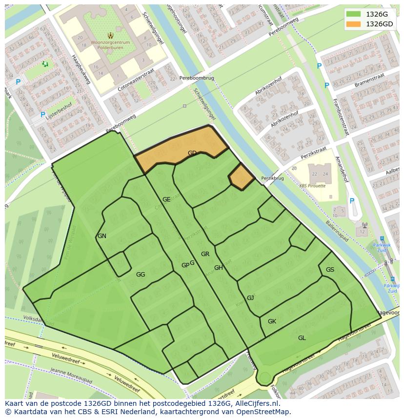 Afbeelding van het postcodegebied 1326 GD op de kaart.