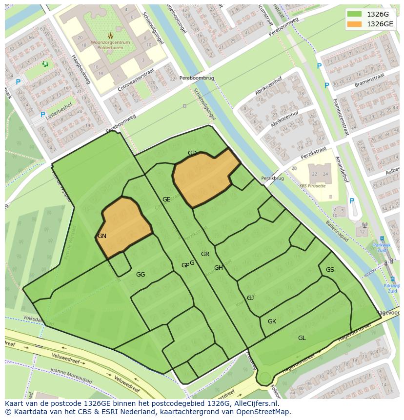 Afbeelding van het postcodegebied 1326 GE op de kaart.