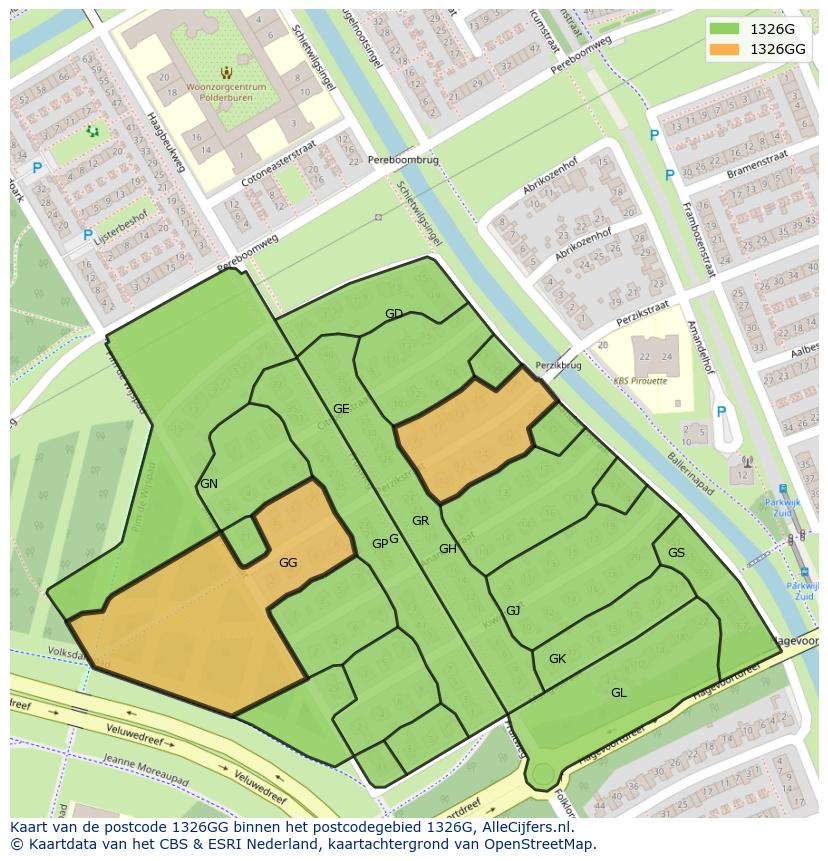 Afbeelding van het postcodegebied 1326 GG op de kaart.