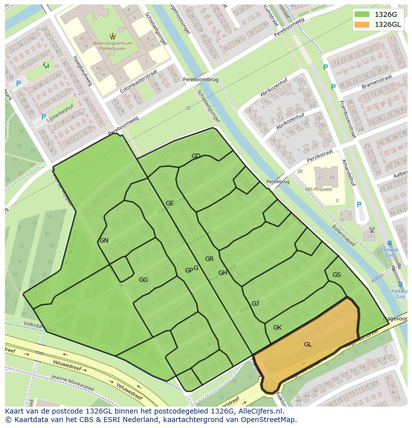 Afbeelding van het postcodegebied 1326 GL op de kaart.