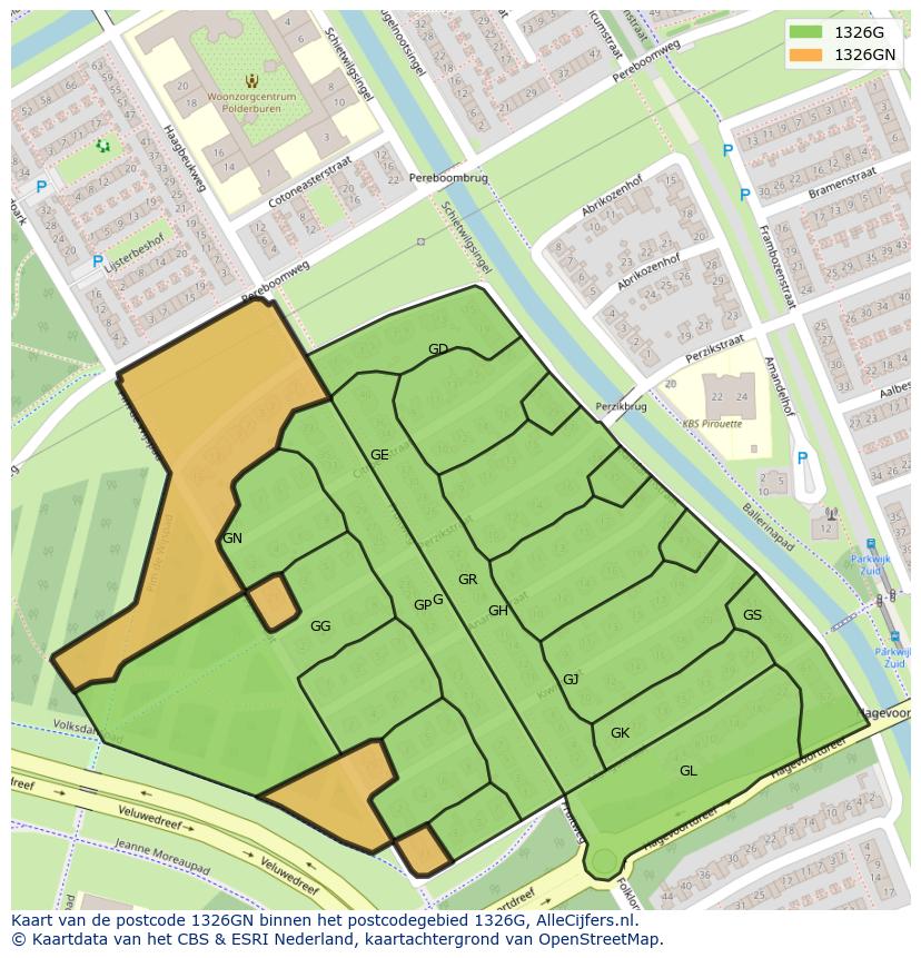 Afbeelding van het postcodegebied 1326 GN op de kaart.