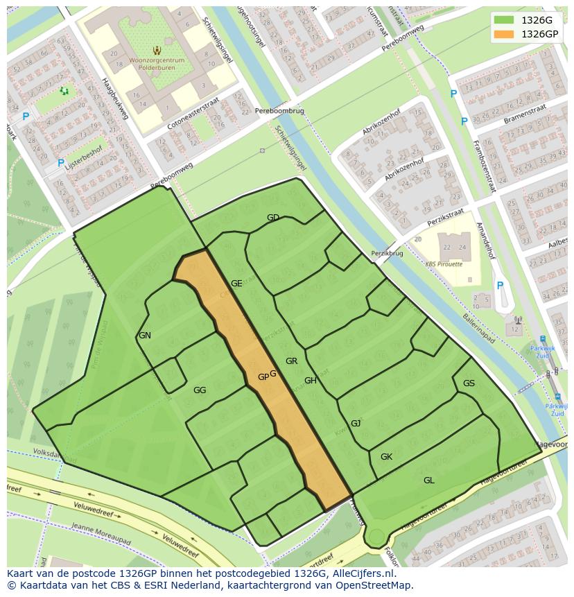 Afbeelding van het postcodegebied 1326 GP op de kaart.