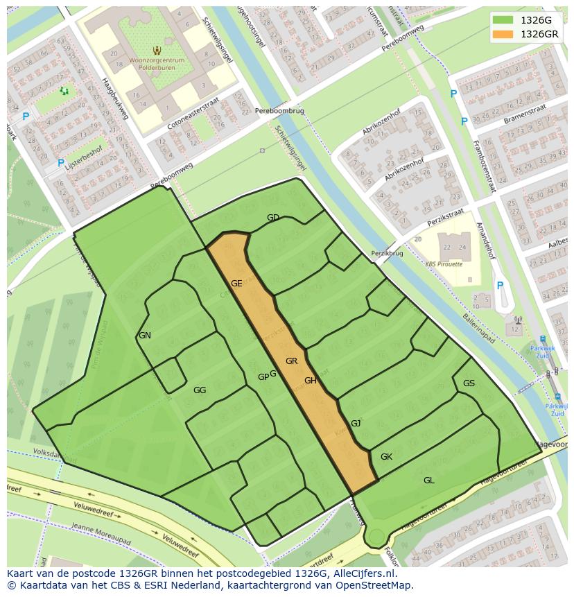 Afbeelding van het postcodegebied 1326 GR op de kaart.