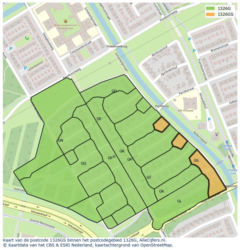 Afbeelding van het postcodegebied 1326 GS op de kaart.