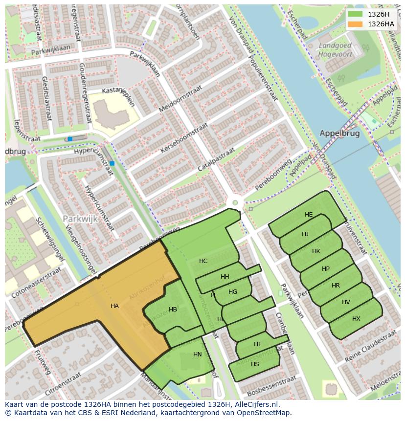Afbeelding van het postcodegebied 1326 HA op de kaart.