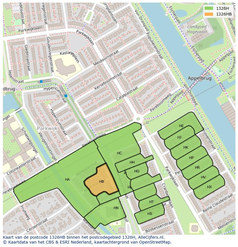 Afbeelding van het postcodegebied 1326 HB op de kaart.