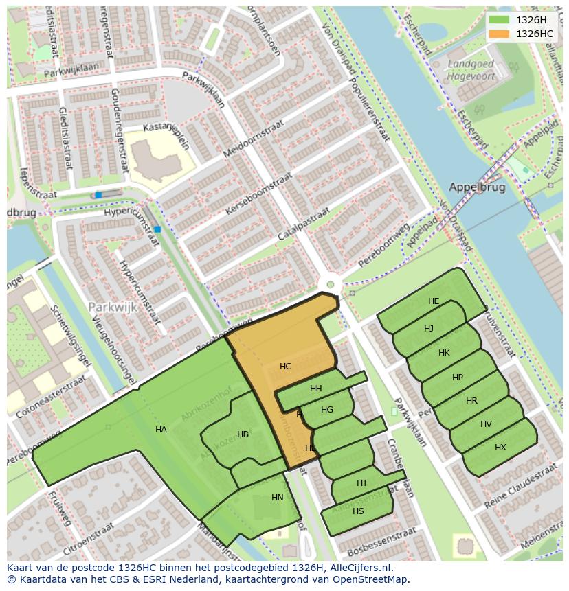 Afbeelding van het postcodegebied 1326 HC op de kaart.